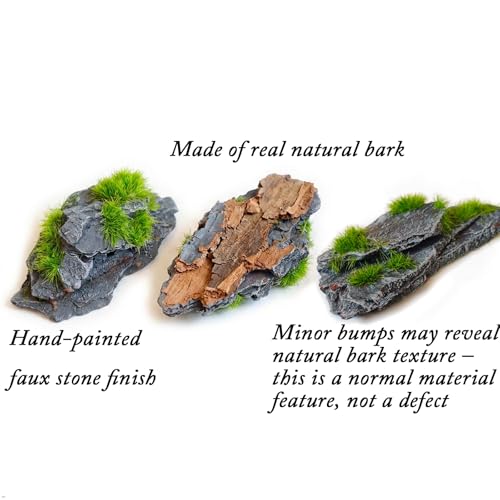 Miniature Moss Stones for Terrarium - Tree Bark Diorama Rocks for Miniature Terrain Display - Lightweight Reptile Habitat Decor - NOT for Aquarium Underwater Use - 12 Pcs Flocking-Covered (1-2 inch) - style: 12P Flocking Slate Rocks (Wooden)