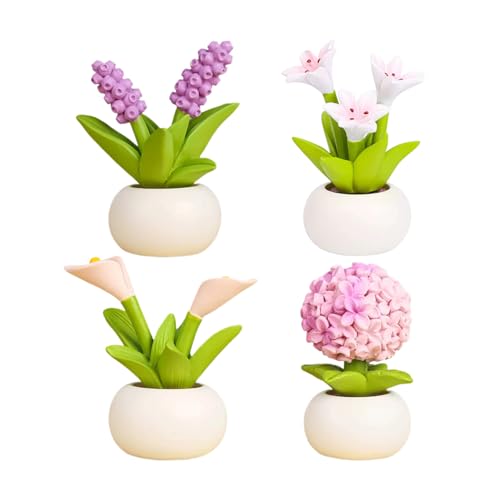 Lily, Hyacinth, Calla Lily, Hydrangea - 4 Pcs Mini Resin Flowers Set for Car Dashboard, Office Desk, Home Shelf Decor Gift