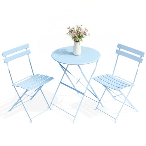 LIFERUN 3-Piece Folding Bistro Set Outdoor, Patio Table and Chairs Set of 2 | Powder Coated Weatherproof Patio Furniture Set, for Cafe, Patio, Garden, Balcony, Space Saving, Blue - color: Blue