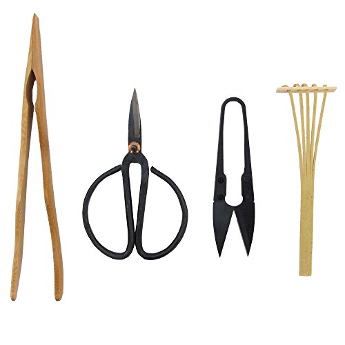 BambooMN Bonsai Tool Kit - Includes: Pruning Shears, Precision Scissors, Bamboo Rake, and Bamboo Branch Holder