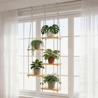 Window Plant Shelves, 5-Tier Window Shelf for Plants, Hanging Plant Shelf for Windows, Painted Wood Window Sill Shelf for Plants, Macrame Plant Hanger, Boho Decor for Living Room Bedroom Wall