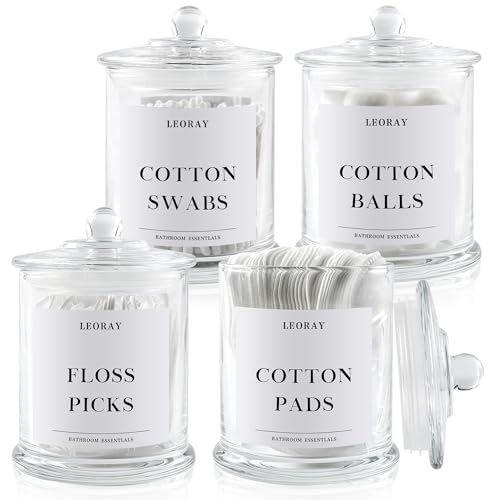 LEORAY 4 Pack Glass Qtip Holder Dispenser with Lids, Airtight Waterproof Apothecary Jars, 16 Oz Vanity Organizer Bathroom Canisters for Cotton Swabs, Balls, Pads, Floss Picks, Transparent - color: Transparent