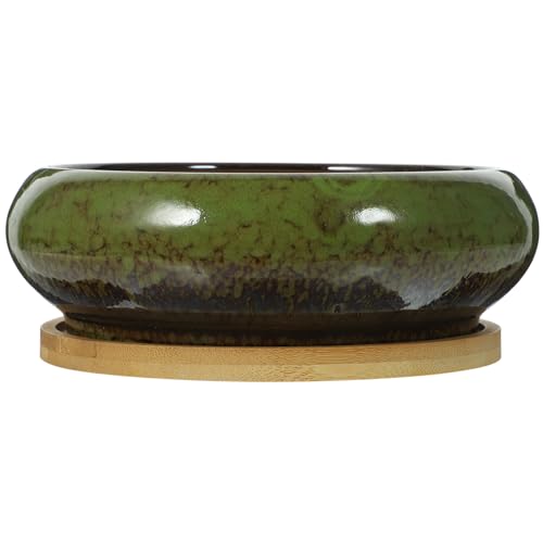 GANAZONO Succulent Succulent Planters with Drainage Ceramic Bonsai Pots with Bamboo Trays Round Shallow Pots for Indoor Cactus Flower Plants Green