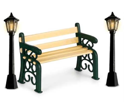 Dollhouse Miniature Park Bench with 2 Mini Street Lamp,Miniature Garden Chair Seat Props Fairy Garden Bench Post Light Decor for Dollhouses Decoration Garden Ornaments