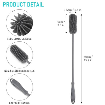 15.7" Silicone Bottle Brush, ddLUCK Water Bottle Cleaner Brush for Stanley, Hydroflasks, Glass, Thermos Sports Bottle, Vase and Glassware, Bottle Brush Cleaner for Small Narrow Neck Containers (Gray) - color: Long Grey