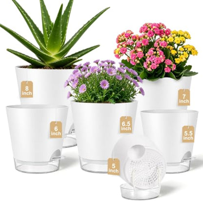 QRRICA 5/5.5/6/6.5/7/8 inch Self Watering Pot Set, Visible Water Level Planter with Transparent Reservoir & Drainage Holes, Plastic Flower Pots with Cotton Rope for Indoor/Outdoor Use (White) - color: White