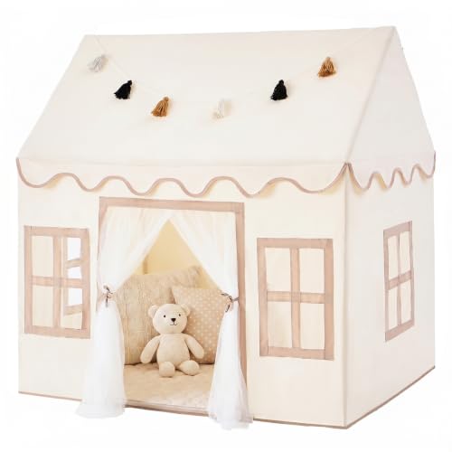 Kids Play Tent Indoor: with Mat, Tassel Garland - Large Kids Tent Indoor Playhouse for Kids Toys for Boy Girl Birthday Gift - color: Beige, size: Large