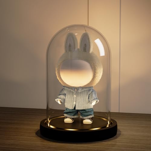 Glass Cloche Dome with Black LED Light Base, 4.53" D x 6.89”H Clear Bell Jar Display Dome, Countertop Glass Cloche Display Case for Labubu, Figurines, Keepsakes, Plants, Ideal Gifts - color: Lighted Base - Black, size: 4.53"D x 6.89"H