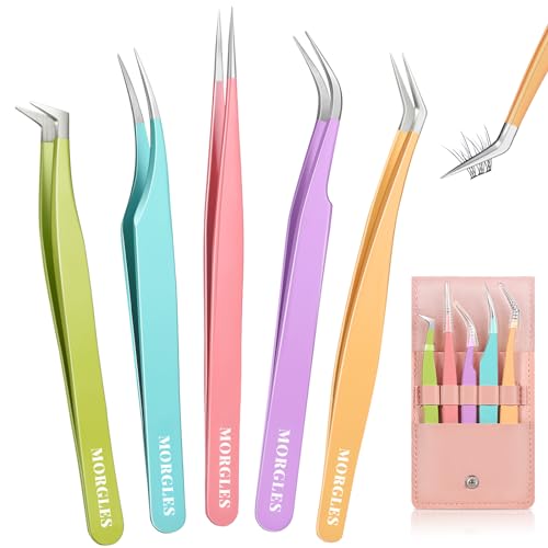 MORGLES High Precision Lash Tweezers Set, 5 in 1 Eyelash Extension Tweezers | Professional Lash Kit for Artists & Beginners, Stainless Steel Tips with Leather Case, Precision Grip for Extensions - color: Pink