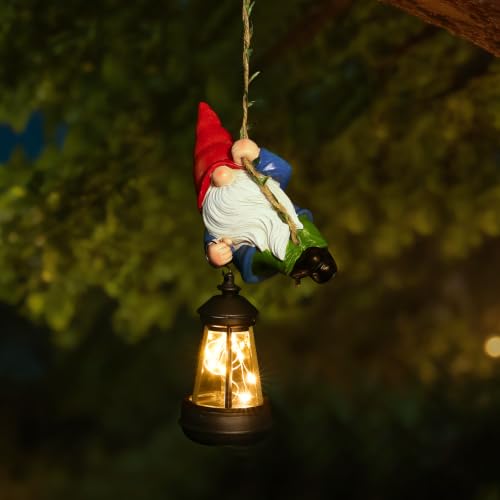 Solar Hanging Gnome Garden Statues Funny Climbing Gnome with LED Lantern - color: Red Hat Hanging Gnome