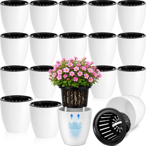 18 Pcs Self Watering Pots, 3.5 Inch Plastic Flower Plant Pot with Inner Pot Self Watering Wick Planter White Flower Pots for Indoor House Plants Herbs, Flowers, Succulents(White Black) - color: White Black, size: 3.5''