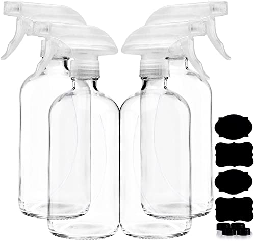 Clear Glass Spray Bottles For Cleaning Solutions (4 Pack) - 16 Ounce, Refillable & Reusable Sprayer for Essential Oil, Water, Kitchen, Hair. Durable Black Trigger Sprayer w/Mist and Stream Settings - color: Clear