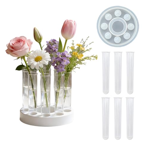 Round Vase Resin Mold Silicone for Plant Propagation Station with 6 Acrylic Test Tubes, Epoxy Resin Casting Mold for Hydroponic Flowers, Home Office Decor, DIY Craft Gift (B) - color: B