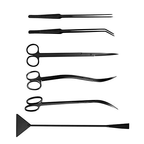 Aquascaping Tools 7 in 1 Kit Aquarium Plant Scissors Tools Set Curved & Waved Scissor Tweezers Spatula Stainless Steel Anti Rust Tools for Aquascape Black