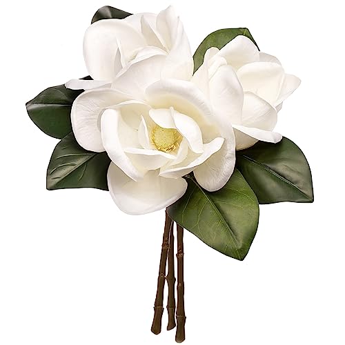 3 Stems Real Touch Creamy White Southern Magnolia Flowers, Artificial Realistic Magnolia Grandiflora for Home Décor - size: 3 Stems