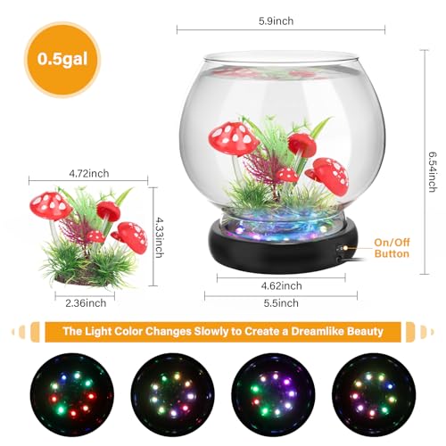 hygger 0.5 Gallon/1 Gallon Glass Fish Bowl with LED Light and Decor, Small Round Betta Fish Tank Goldfish Bowl, Round Clear Unbreakable Aquarium/Vase/Hydroponic Plant Terrarium, Nice Centerpieces - size: 0.5 Gallon Fish Bowl with Mashroom