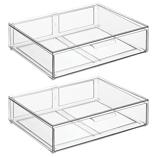 mDesign Wide Plastic Stackable Bathroom Storage Organizer Bin with Pull Out Drawer for Cabinet, Vanity, Shelf, Cupboard, Cabinet, Countertop, Closet Organization - Lumiere Collection - 2 Pack - Clear - size: 12 x 16 x 4 (Pack of 2)