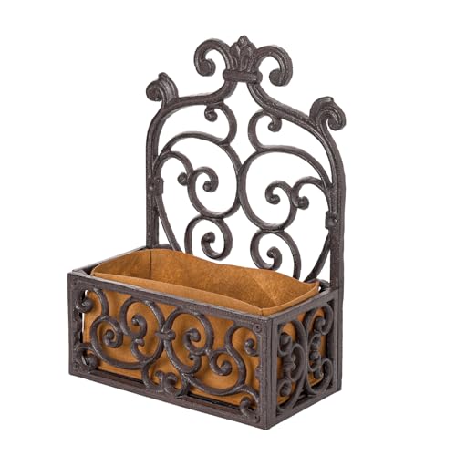 Sungmor Vintage Cast Iron Wall-Mounted Planter Basket with Fabric Liner | Rustic Scrollwork Hanging Flower Holder,Decorative Wall Shelf for Plants,Outdoor Hanging Basket Flower Pot - color: Antique Brown