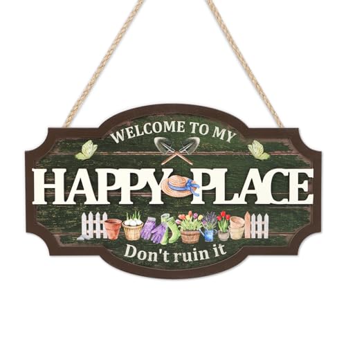 HOURIA 3D Welcome to My Happy Place Don't Ruin it Sign for Patio Yard Garden Decor,Funny Garden Signs for Outside,Gardening Gifts for Gardeners Women Men,Plant Lover Gifts - color: Welcome to My Happy Place Wooden Sign
