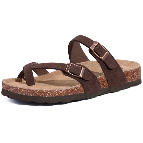 Litfun Women's Cork Footbed Sandals Comfortable Leather Summer Slides | Toe Loop, Arch Support, Slip On, Adjustable Buckle, Non-slip Rubber Sole, Comfy, Cushioned, Fashion, Casual - color: Suede Brown, size: 8-8.5