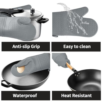 Hovico Silicone Oven Mitts, Heat Resistant 500F Kitchen Mitts 2PCS, 11.6" BPA-Free Soft Baking Gloves, Non-Slip Grip Oven Gloves with Soft Cotton Lining for Kitchen Cooking Baking BBQ - Gray - color: Gray
