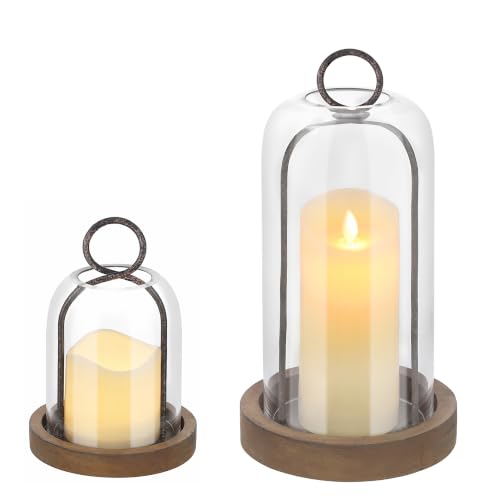 Set of 2 Versatile Rustic Metal Candle Holder with Handmade Sturdy Glass Dome and Rustic Brown Wooden Base for Pillar Candle & Plants, Industrial, Farmhouse, Shabby Chic, Display Cloche Bell Jars - color: Brown, size: Set of 2