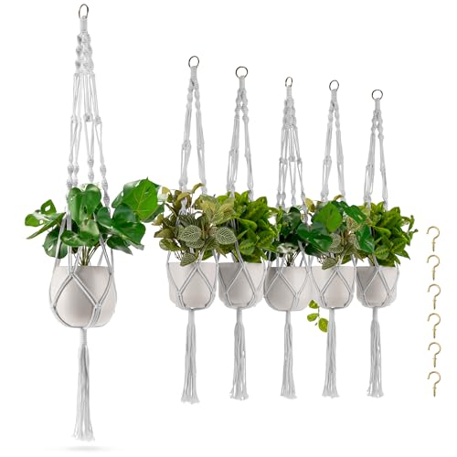 Sorbus Macrame Plant Hanger (6 Pack) Indoor Outdoor Hanging Plant Pots Cotton Rope, Elegant for Home, Patio, Garden (White) - color: White, size: 6 Pack