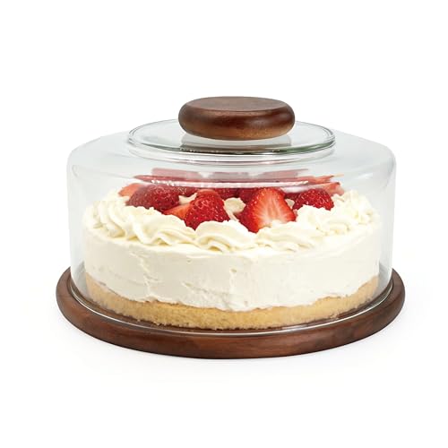 Cake Stand with Lid, Premium Acacia Wood Base & Lead-Free Glass Dome, Elegant Serving Display – 9.8 Inch Diameter (Transparent)