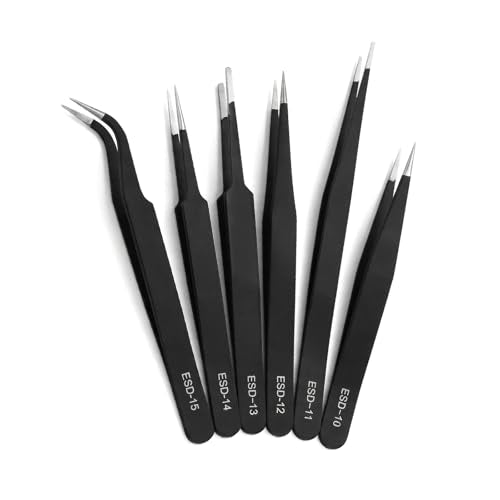 Rackii 6-Pcs Precision Tweezers Set, ESD Safe Stainless Steel Fine Tip | Non-Magnetic Anti-Static Curved & Straight Tools for Delicate Electronics Repair, Jewelry Making, Soldering, and DIY Crafts