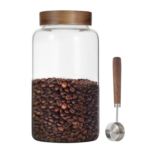 Large Glass Coffee Jars with Spoon,Round Storage Canister with Wooden Lid Clear Glass Food Jar for Pantry Sugar Tea Coffee Bean Spice Nuts Cookies Bath Salts (2300ml/77oz) - color: 2300ml/77oz