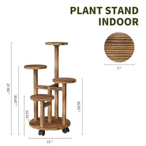 Uneedem 4 Tier Plant Stand Indoor with Wheels, Wood Tall Corner Plant Shelf | Rolling Plant Rack for Indoor Plants, Multi-tier Planter Pot Holder Flower Stand for Outdoor Living Room Balcony Garden Patio