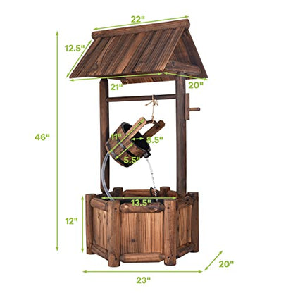 Giantex Wishing Well Water Fountain Outdoor, Rustic Wooden Waterfall Fountain with Electric Pump, Water Bucket, Freestanding Decorative Wishing Well Water Feature for Backyard Patio Garden Lawn