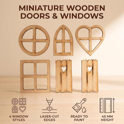 6Pcs Brown Wooden Fairy Garden Door, Blank Door Fairy House Doors and Windows Ornaments Tree Statues for Tree Trunk Yard Decoration, Miniature Gardens Buildings , Garden Sculptures and Statues