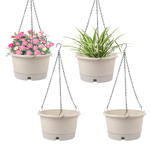 4 Pack 10 Inch Plastic Hanging Baskets with Removable Trays & 15.7" Chain - color: Beige, size: 10 Inch - 4 Pack
