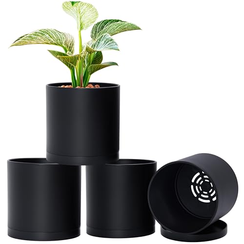 D'vine Dev 4-Pack Black Plastic Planters with Saucers, 6 in, 74-Y-J-2 | Lightweight Durable Build, Matte Finish, Cylindrical Shape, Efficient Drainage, Detachable Saucer, Minimalist Modern Style - size: 6"