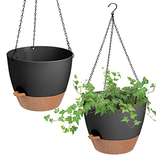 Vanslogreen Hanging Planters for Indoor Outdoor Plants, 2 Pack Self Watering Hanging Pot with Drainage Holes & Removable Tray (Black, 10'') - color: Black, size: 10''