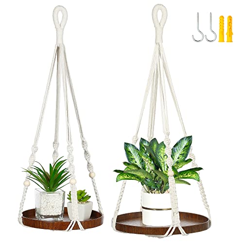 2 Pack Macrame Plant Hanger, Hanging Plant Shelf (12" + 10") | Plant Hanger Indoor, Hanging Planter, Hanging Planter Shelf - color: Beige, size: 2-Pack, 1-Tier