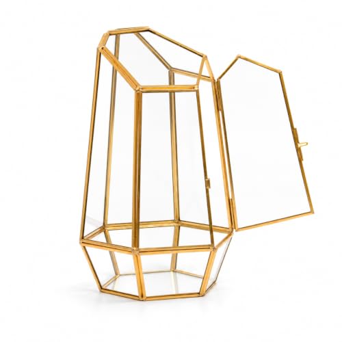 Gold Geometric Glass Terrarium with Side Door, 9.8 Inch, Handmade | Handmade from 3 mm glass with a hinged side door for easy access; not watertight—use a liner or potted plant. - color: Gold
