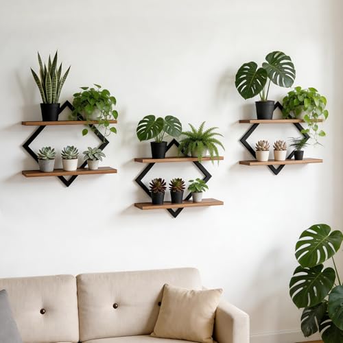 Set of 3 Floating Shelves for Wall Planters for Indoor Plants Wall Plant Holder Plant Stand Indoor for Small Plant Window Plant Hanging Wall Shelves for Living Room Bedroom Bathroom (Brown) - color: Brown, size: 3 Pack