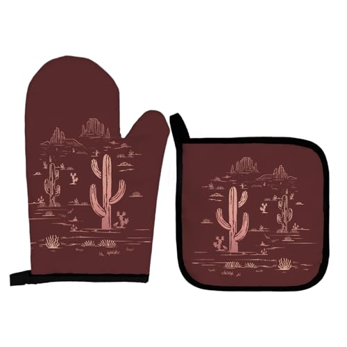 Red Western Oven Mitts and Pot Holders Set, Cactus Oven Mitts, Red Western Over Mittens for Kitchen Decor - color: Red