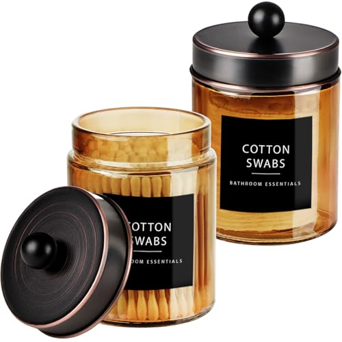 Amolliar Bronze Amber Glass Apothecary Jar, Qtip Holder Bathroom ORB 2 Pack | Bathroom Canister With Metal Lid, Q tip Dispenser Holder for Cotton Balls, Cotton Swabs, Floss Picks, Vanity Makeup Organizer - color: ORB, size: 2 Pack