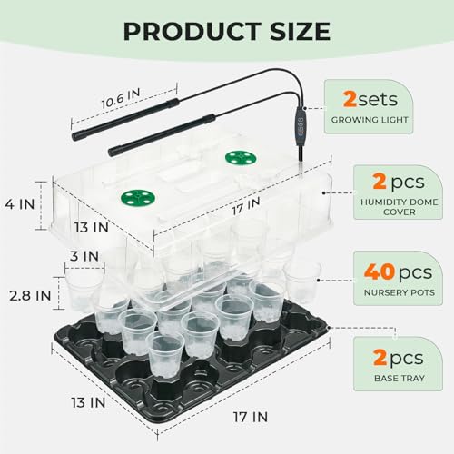 homenote 2 Pack Seed Starter Trays with Grow Lights and 40 3 Inch Pots | Includes 2 humidity domes and 40 clear 3-inch drainage pots. Full-spectrum lights have 8 dimming levels and a 24-hour timer. - size: 3 Inch, style: 2 Pack Tray+Pots+Dome+Grow Light