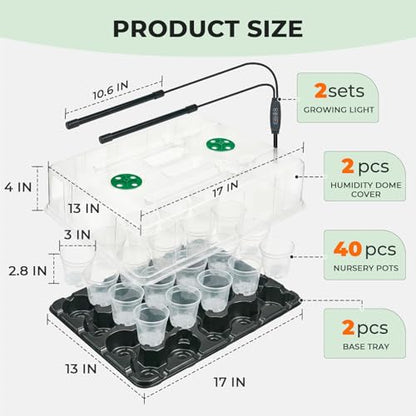 homenote 2 Pack Seed Starter Trays with Grow Lights and 40 3 Inch Pots | Includes 2 humidity domes and 40 clear 3-inch drainage pots. Full-spectrum lights have 8 dimming levels and a 24-hour timer. - size: 3 Inch, style: 2 Pack Tray+Pots+Dome+Grow Light