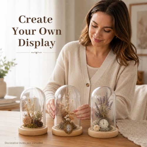 Tessco for you 3 Pcs Glass Cloche Dome Display with Solid Wood Base, L - size: 4.7 x 8 In