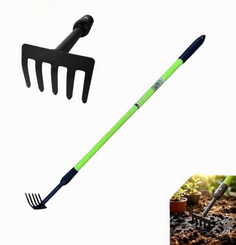 JYI&FORGE Small Garden Rake, Telescopic Handle 27-39 in, for Tight Spaces | Mini Rake, Flower Beds, Pots, No Bending, Non-Slip Grip, Lightweight, 5 Tines