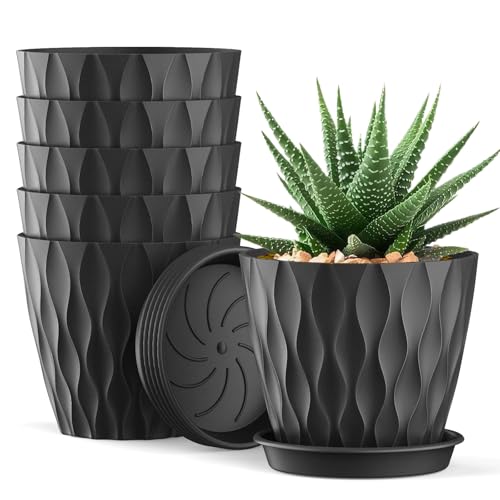 UOUZ 4 Inch Small Pots for Plants, 6 Pack Waffle Texture Small Plant Pots for Succulents, Plastic Planter with Drainage Holes and Saucers for Indoor Outdoor Plants, Flowers, Herbs, Seedlings,Black - color: Black, size: 6-Pack