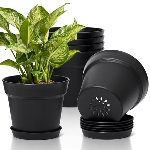 T4U 7.5 Inch Plant Pots 6 Pcs, Flower Pots for Indoor Plants Plastic Pots for Plants with Drainage Holes and Saucer, Planters for Indoor Plants for House Cactus Succulent Black | Indoor houseplant use, Peace lily orchid and herbs, Drainage design, Lightwe