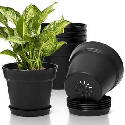 T4U 7.5 Inch Plant Pots 6 Pcs, Flower Pots for Indoor Plants Plastic Pots for Plants with Drainage Holes and Saucer, Planters for Indoor Plants for House Cactus Succulent Black | Indoor houseplant use, Peace lily orchid and herbs, Drainage design, Lightwe