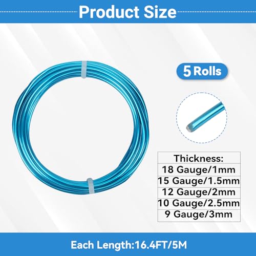 5 Rolls Aluminum Craft Wire Kit with Side Cutter Pliers, Multi-Size [18/15/12/10/9] Gauge, Flexible Metal Wire Set for Jewelry Making, Bonsai and Sculpting (82 Ft Total, 16.4 Ft/Roll, Aqua Blue) - size: 5 Gauges Set 16.4Ft Each, style: Aqua Blue