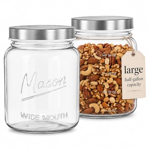 64 oz Mason Jars Wide Mouth 2-Pack – Half Gallon Glass Jar with Lid – 1/2 Gallon Large Mason Jars with Lids for Food Storage, Canning, and Fermenting - size: Pack of 2